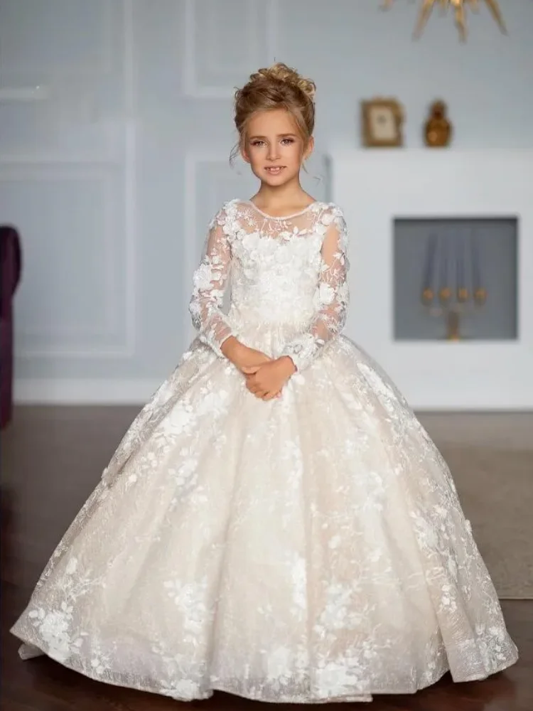 

White Flower Girl Dresses Tulle Appliques With Tailing Long Sleeve For Birthday Wedding Party First Communion Gowns