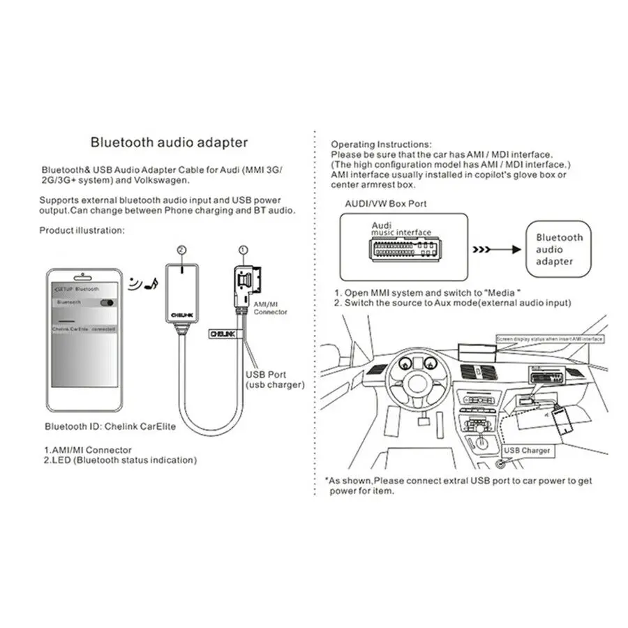 New Wireless Bluetooth 5.0 AUX Cable Adapter Audio For AMI MMI MDI 2G 3G 3G+ Radio