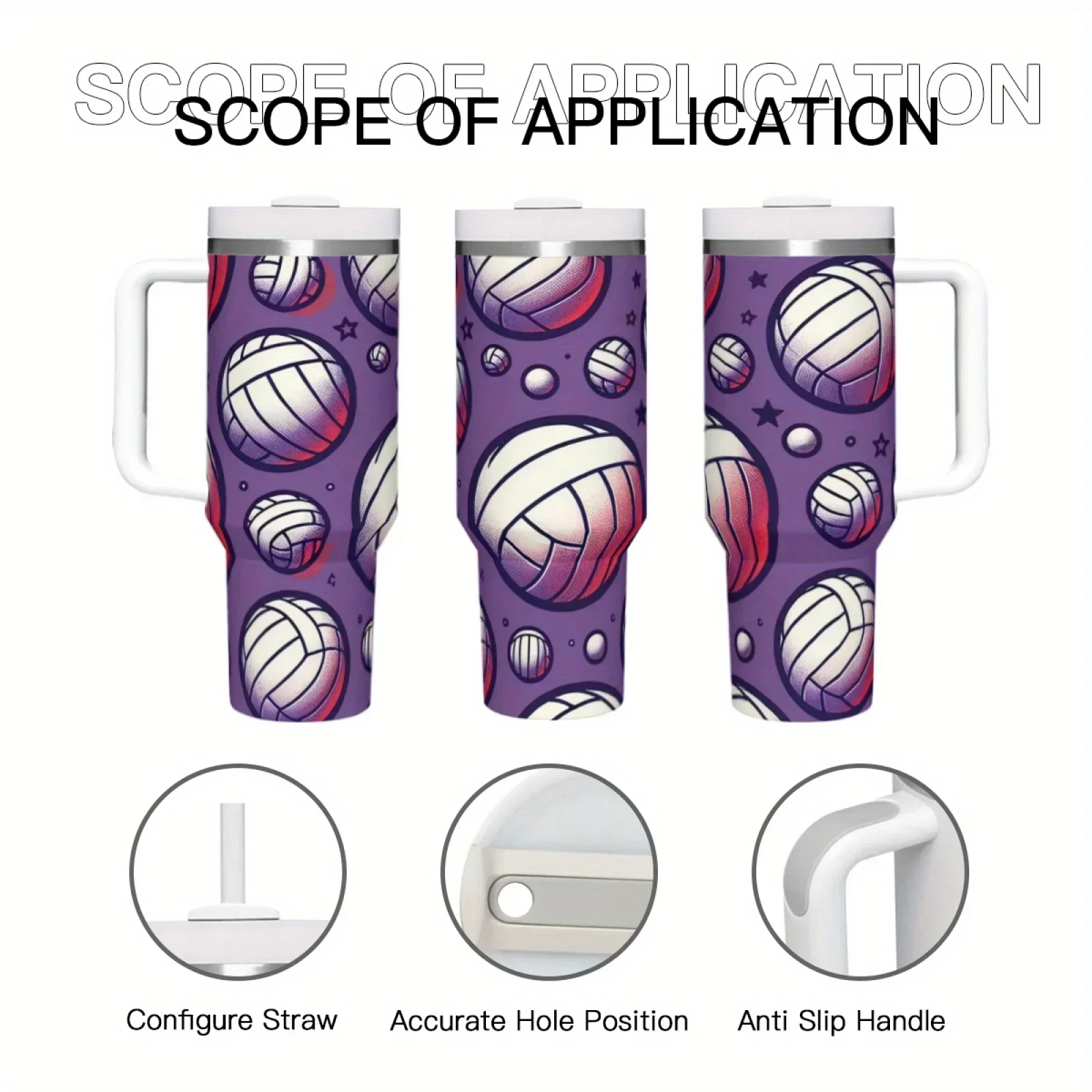 40oz Tumbler With Handle Lid Straw, Purple Volleyball Star Print Stainless Steel Insulated Travel Mug, **Only Black & White Handle Available, Pink Handle Not Included**, Reusable Hot Cold Beverage Cup For Sports Gym Car Office Gift