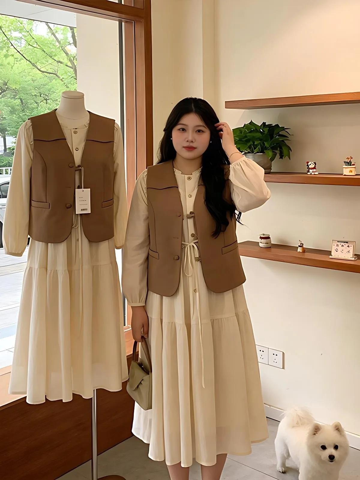 

Elegant plus Size Women's Spring 2026 Outfit Sleeveless Vest Long Sleeve Dress Two-Piece Set Korean Style Loose Fit Button De...