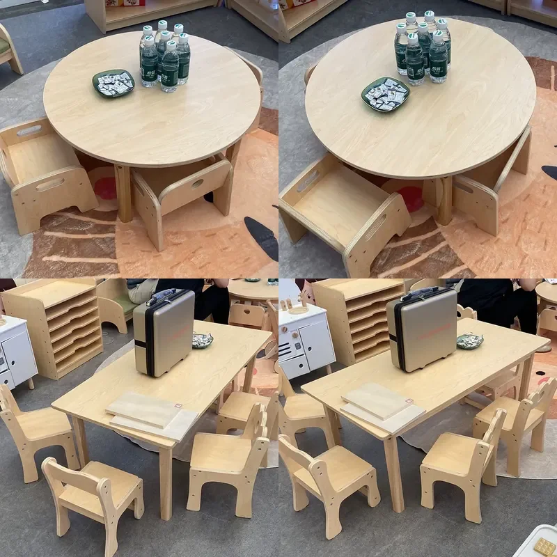 

2026 Kindergarten children's desk and chair set, childcare solid wood small round table, small square table, reading area,