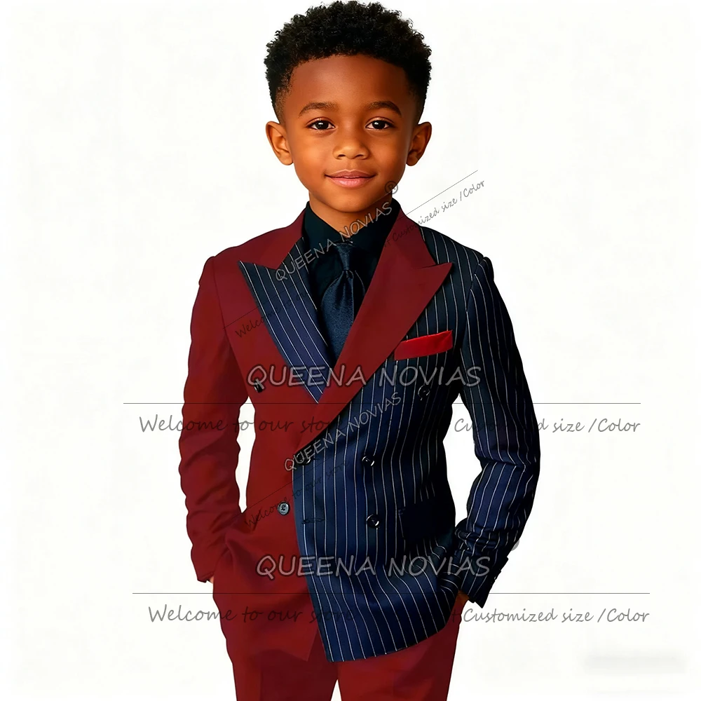Partwork Stripes Solid Boys Suits For Wedding 2 Pieces Sets Spliced Double Beasted Children Blazers Customized Kids Party Tuxedo