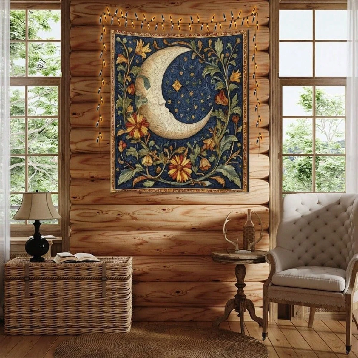 Vintage Boho Moon Floral Tapestry, Trippy Vertical Aesthetic Wall Hanging, Modern Art Decor for Bedroom Living Room Dorm