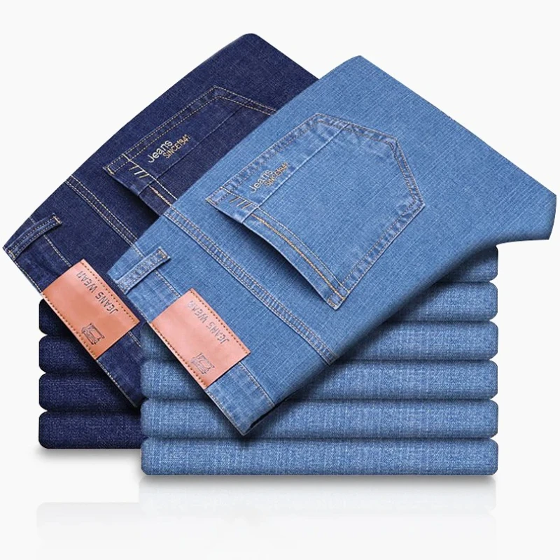 Fashion Embroidery Thin Men's Elastic Jeans Business Straight Casual Comfortable Pants Brand Male Clothes Trousers