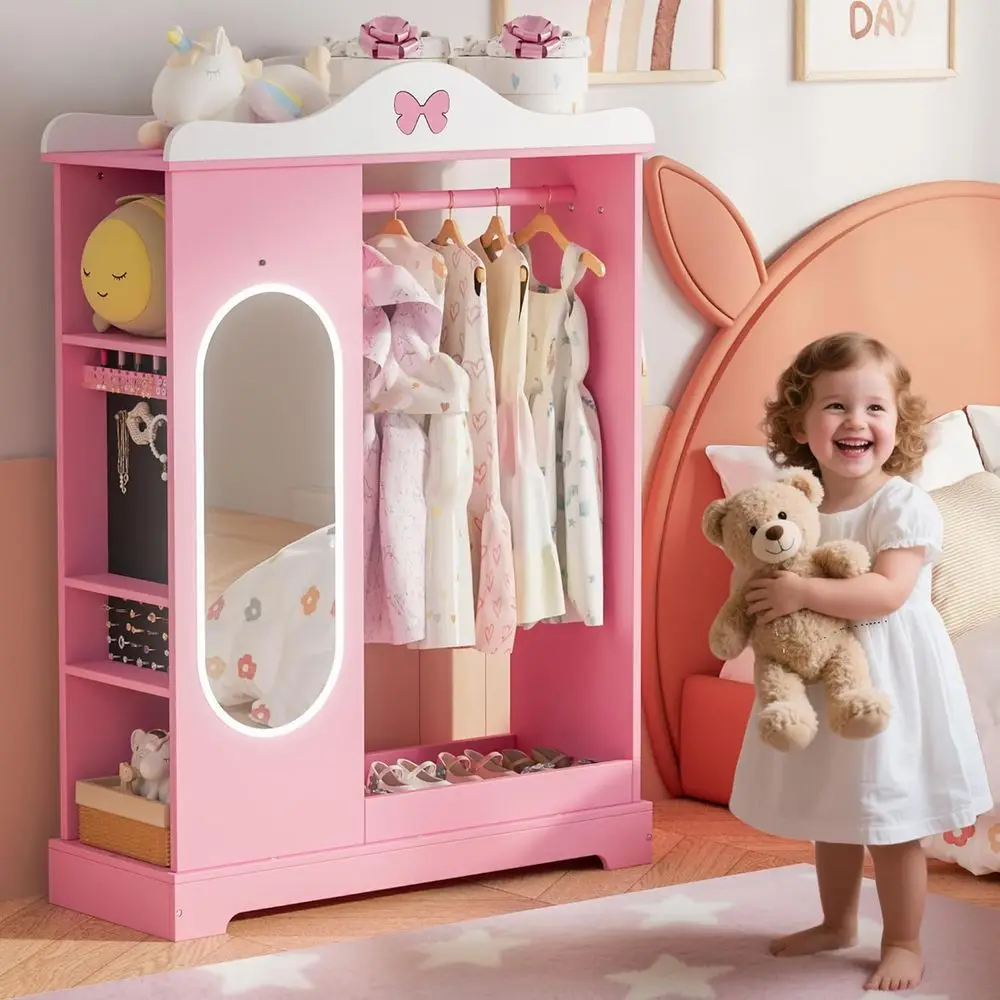 

Children's Pink Wardrobe with Storage and Mirror