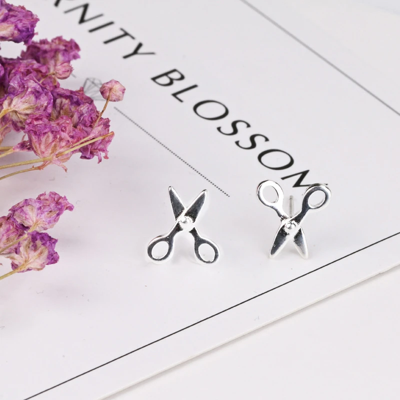 VIVILADY 925 Silver Geometric Little Cute Scissors Stud Earrings for Fashion Women Fine Jewelry Minimalist Accessories