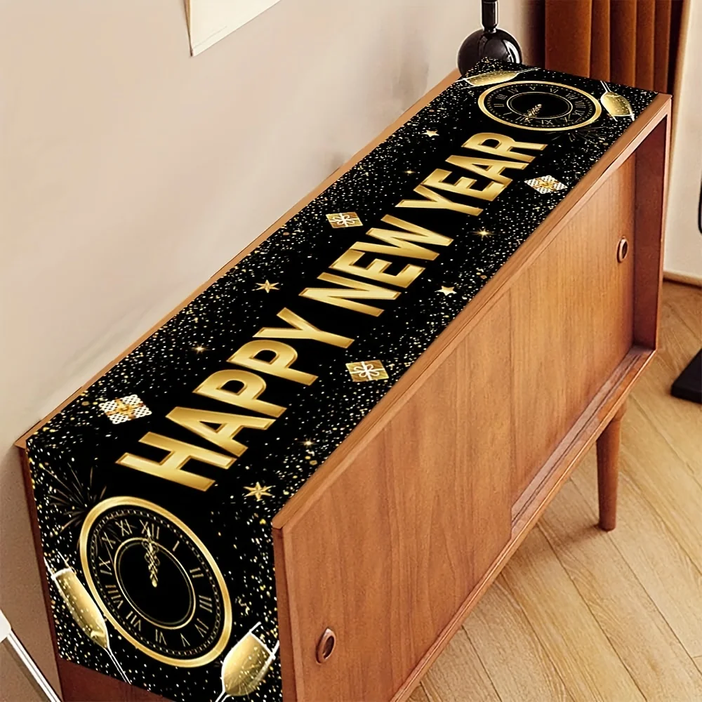 Happy New Year Table Runner with Clock & Champagne Design Holiday Celebration Kitchen Dining Table Decoration Home Party