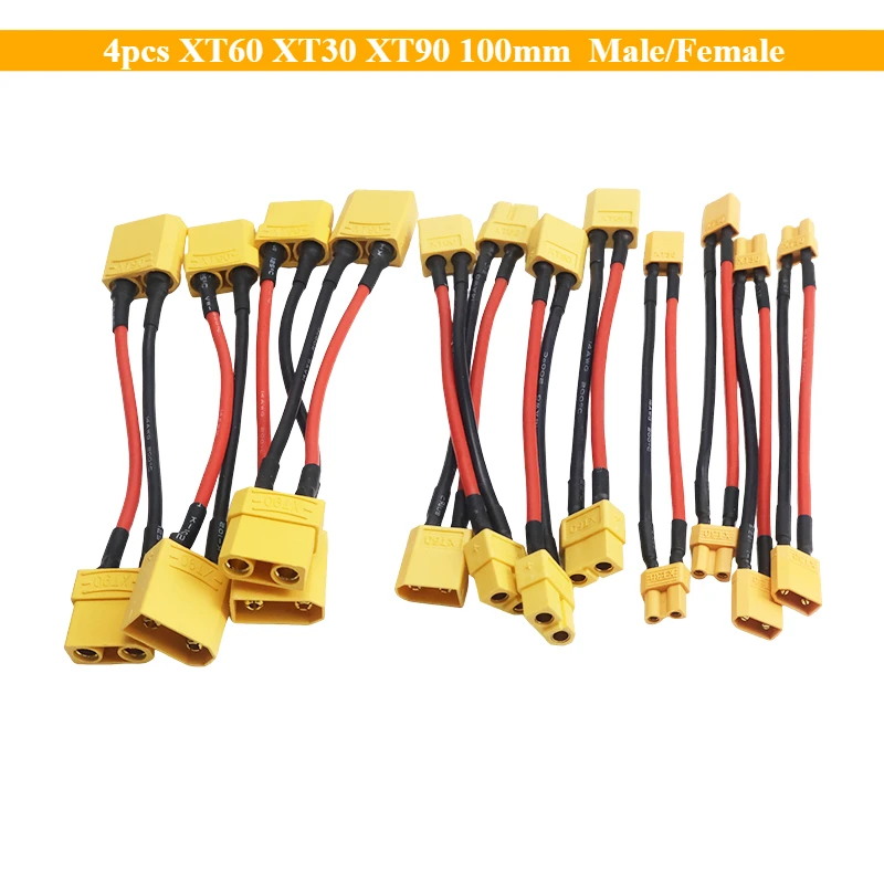 4 Stück XT60 XT30 XT90 Batterieanschluss 100 mm Silikondraht männlich/weiblich Dual-Verlängerung für Batterieladegerät Motor erweitern DIY