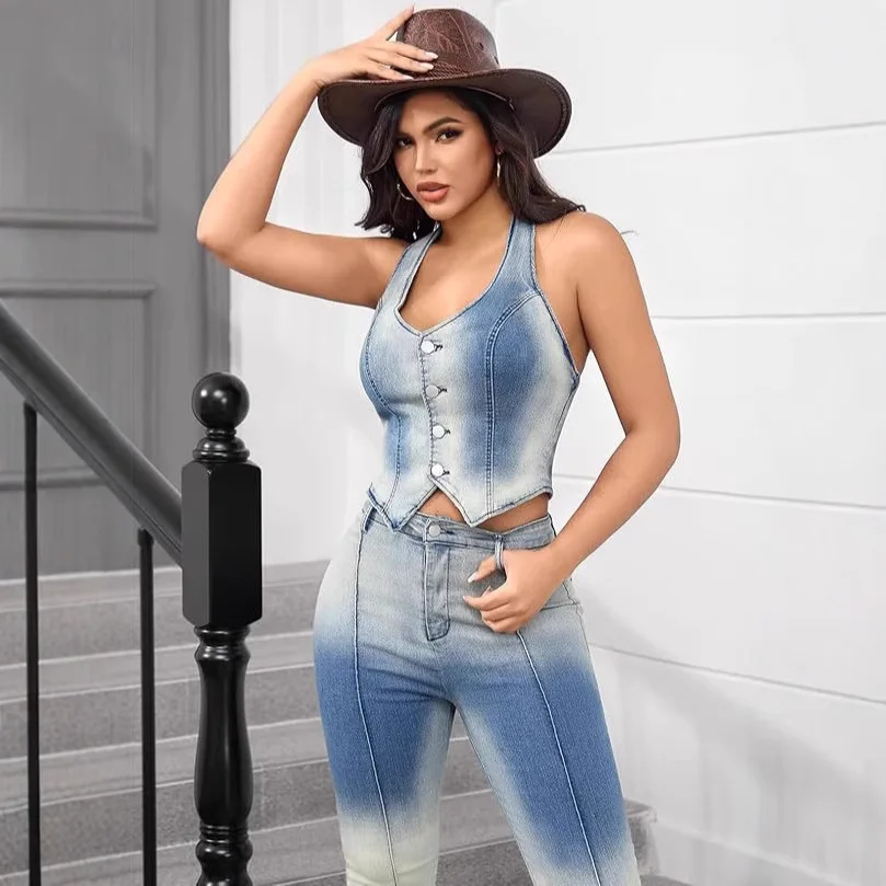 Women Pant Sets Single Breasted Vest Denim Washed Vests High Waist Jeans Distressed Two Pieces Vintage 2025 Autumn Pockets