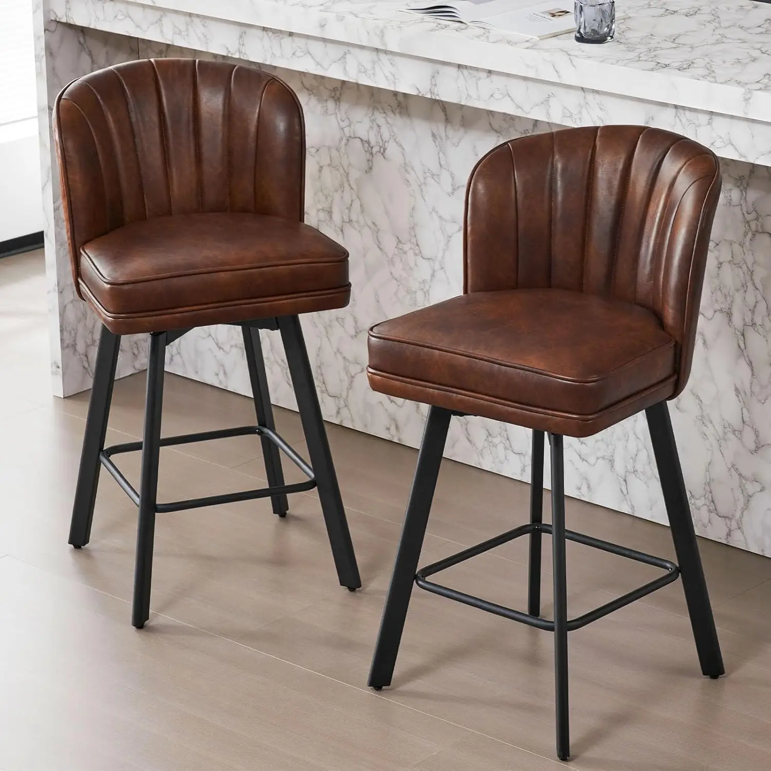 

Swivel Bar Stools Set of 2, 26' Modern Kitchen Island Chairs with Backs, Faux Leather Brown, Metal Legs
