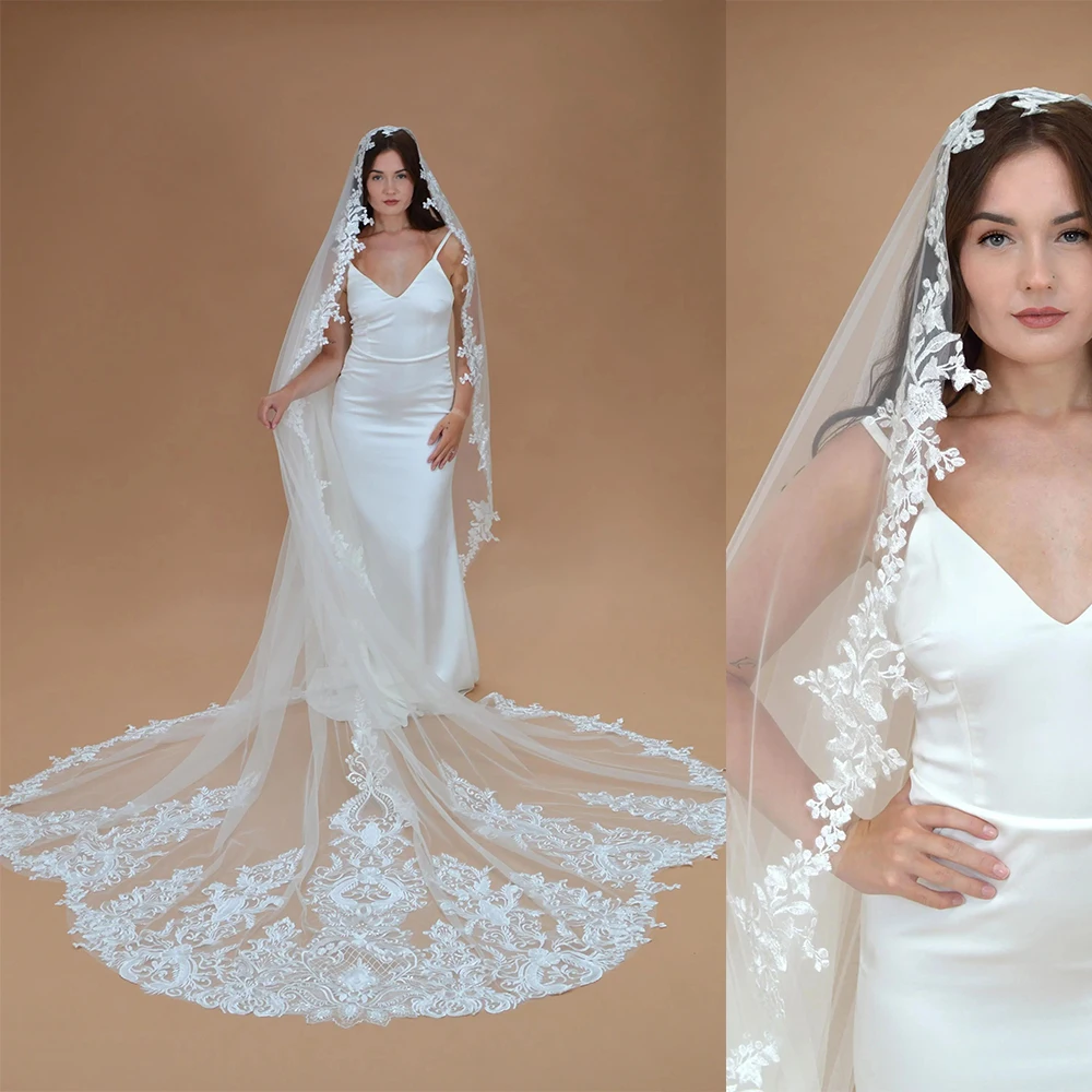 

Простая свадебная фата с аппликациями, кружевная 3 м, королевская фата с расческой, длинная фата специального кроя, свадебные аксессуары белого цвета слоновой кости