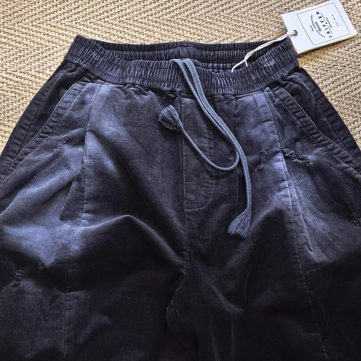 Amekaji Wear Ripped Distressed High-Grade Fine Pit Wide-Leg Pants Loose Cargo Pants Corduroy Pants Stretch