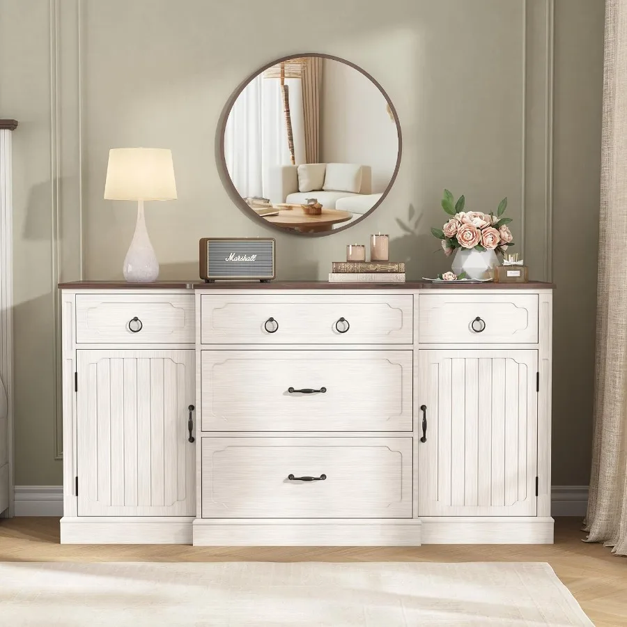 خزانة بوفيه مع مساحة تخزين مقاس 58 بوصة، بوفيه جانبي كبير مع 5 أدراج وبابين، أرفف قابلة للتعديل، قهوة خشبية للمزرعة