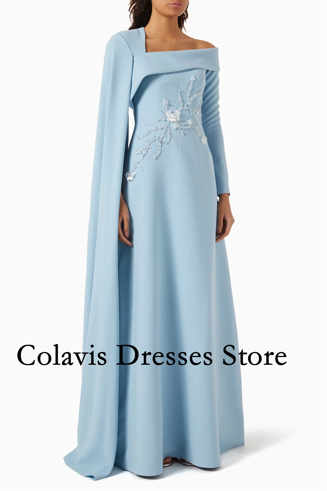 

2025 Customized Bead-Embellished Dress in Crepe Sky Blue Prom Dresses Evening Dress Women Evening Gowns Formal Party Dress