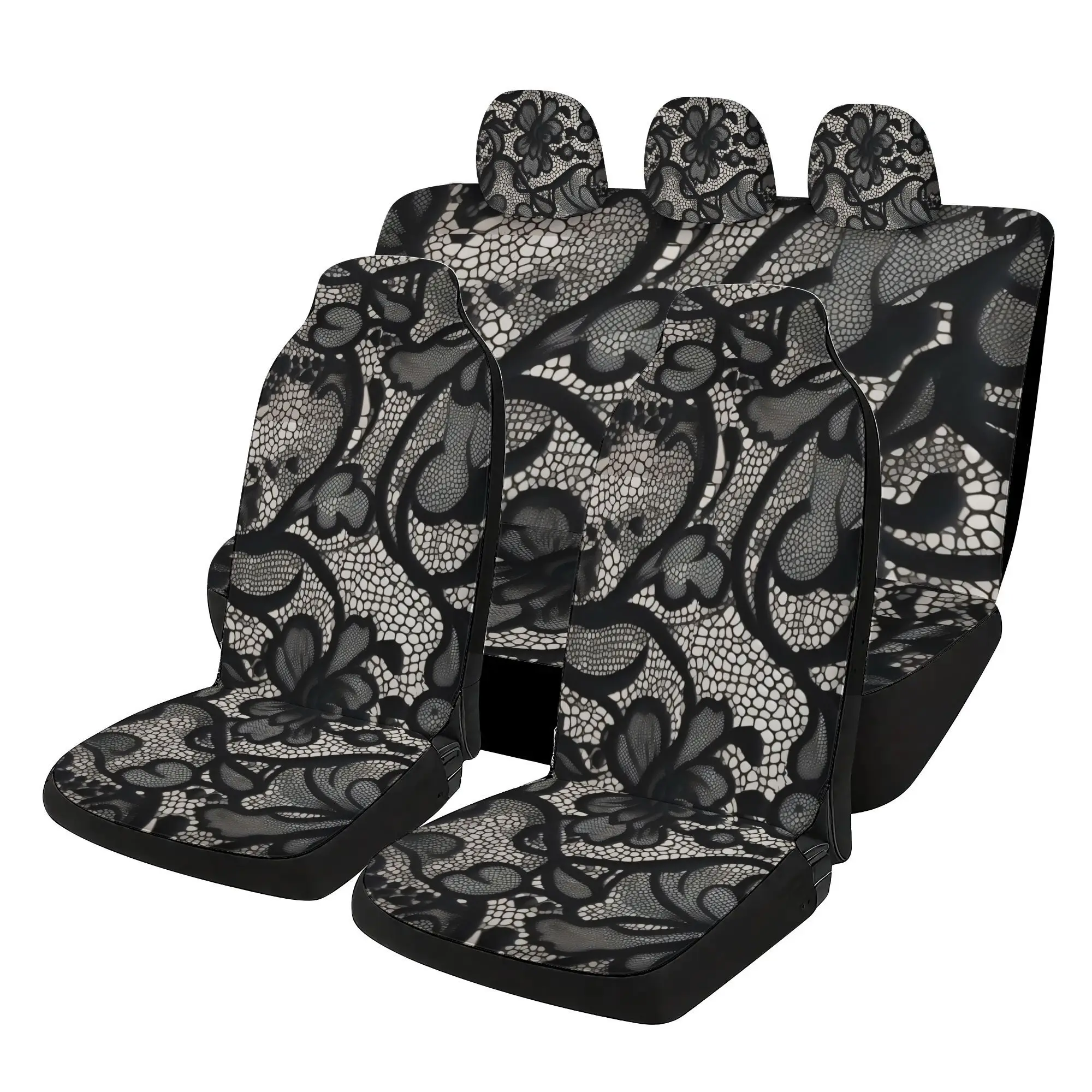 2D Plane 7pcs Set Black Lace Floral Car  Covers Set - Including 2 Front  Covers + 1 Rear  Back Cover + 1Rear  Co