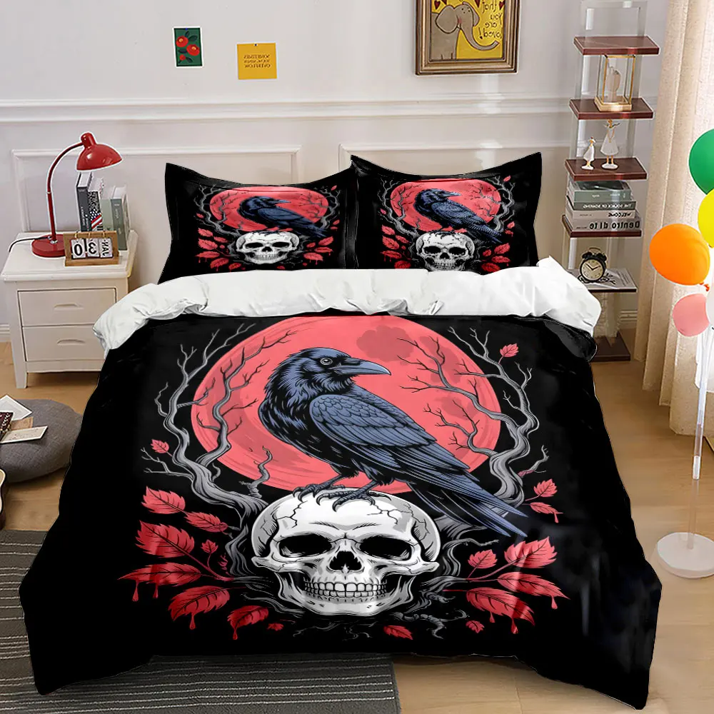 Raven Skull Printed Duvet Cover Design Print Bedding Set 1 Duvet Cover 2 Pillowcases for Adult and Children Luxury Gift