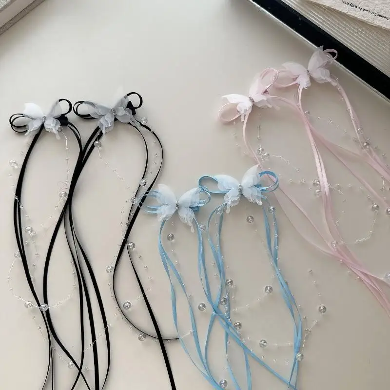 

2PCS New Bowknot Ribbon Butterfly Hair Clips Rhinestone Y2K Style Long Tassels Hairpins Glass Beaded Duckbill Clip Women