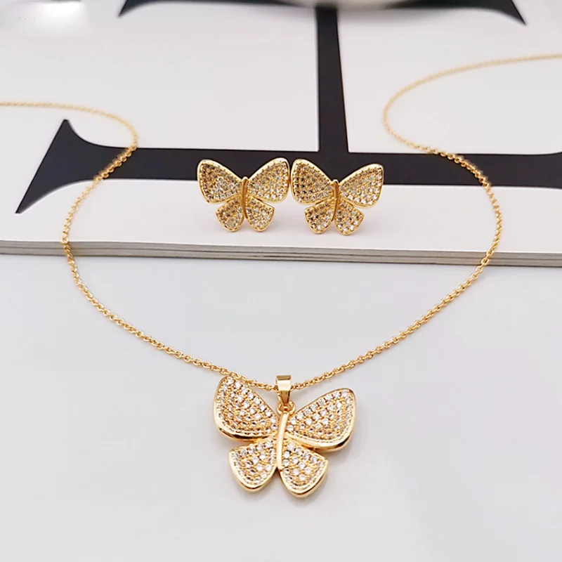 

Bobokiki Jewelry Fashion Butterfly Titanium Steel Micro-Inlaid AAA Zircon Silver Needle Earrings Necklace Luxury Insect Suit