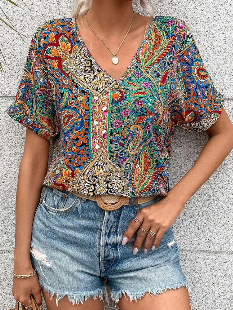 

Summer new fashion national style printed temperament V-neck shirt casual short-sleeved pullover shirt