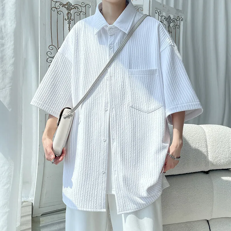 Summer Short Sleeved Shirt Men White Casual Shirt Men Streetwear Loose Pleated Shirt Mens Ice Silk Shirts Large Size 5XL