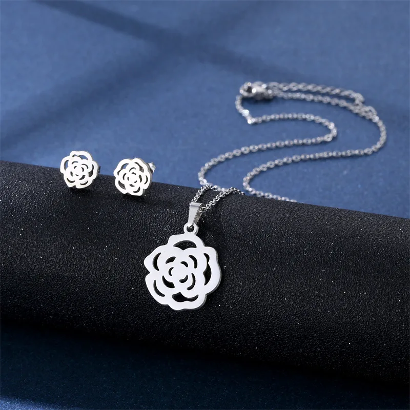 316L Stainless Steel Jewelry Sets Tulip Rose Flower Daisy Sunflower Choker Necklaces &  Earings Set For Girl Wholesale Dropship