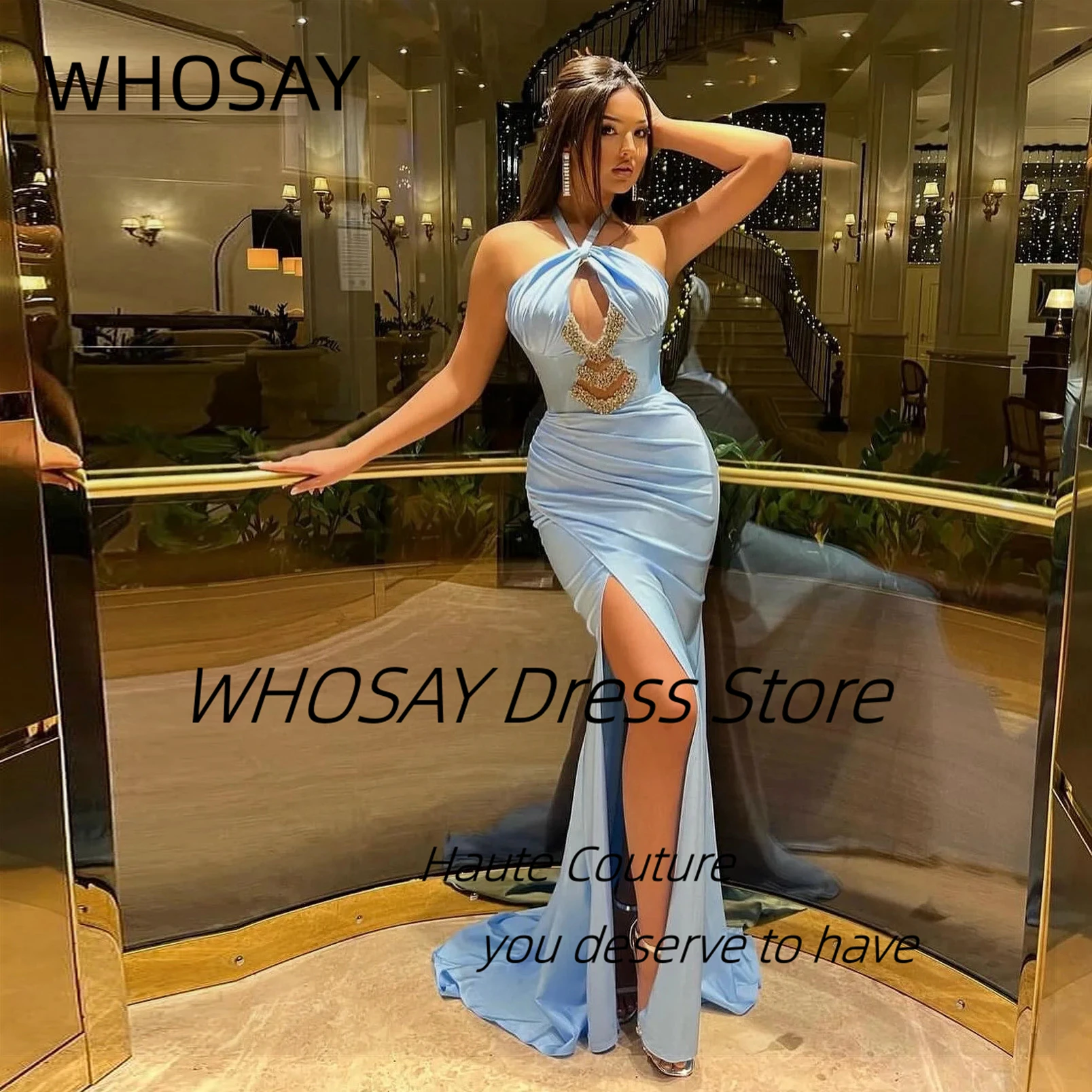 

WHOSAY Customized Beaded Keyhole Halter Neck Prom Dresses Ruched Side Slit Sexy Robe Des Cocktail Party Evening Dress
