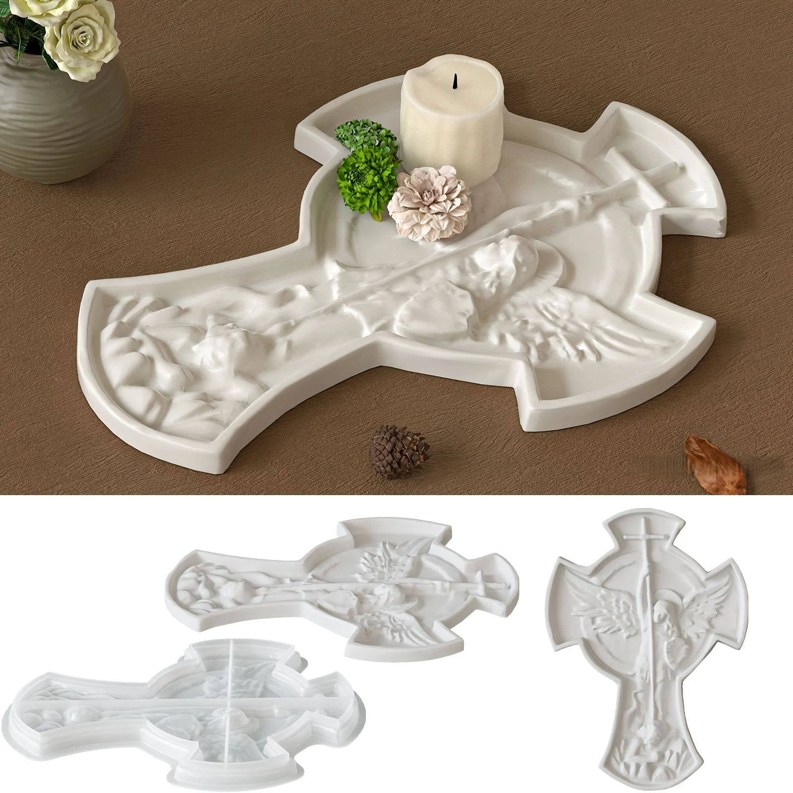 Retro Angel Cross Shape Tray Silicone Mold DIY Epoxy Resin Aromatherapy Candle Plaster Storage Dish Ornament Mold Flexible Easy