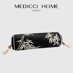 Medicci Home Oriental French Bamboo Leaves Embroidery Bolster Pillow Covers East Culture Luxury Cylindrical Cushion Case 18x55cm