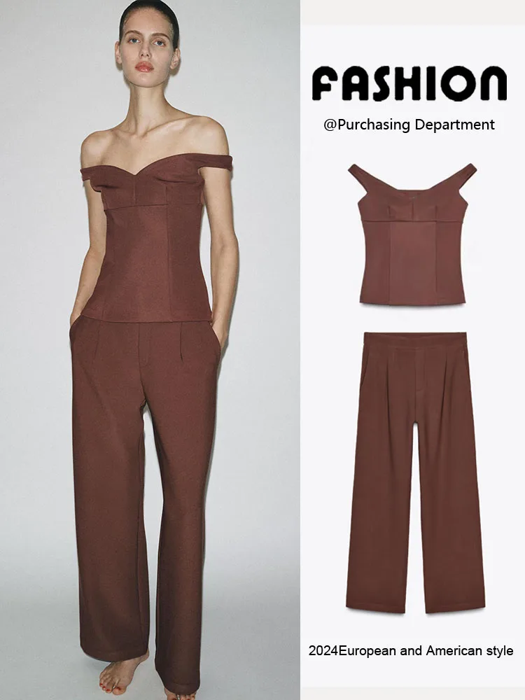 

Spring New Women's Faion oulder-baring Top And Wide-leg Pants Two-piece Set ort Sve V-ne Casual Comfortable Outfit