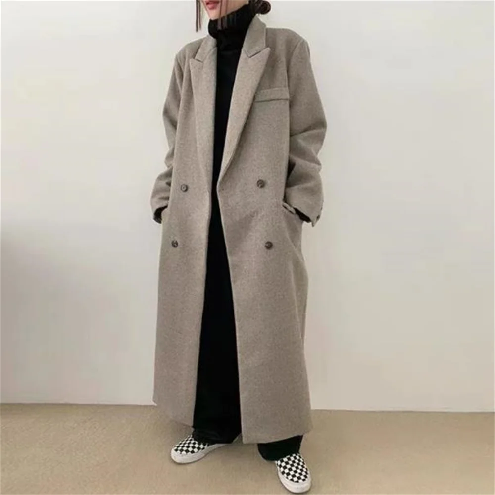 

Winter new woolen coat women long to the ankle thickening Double breasted loose over-the-knee woolen coat