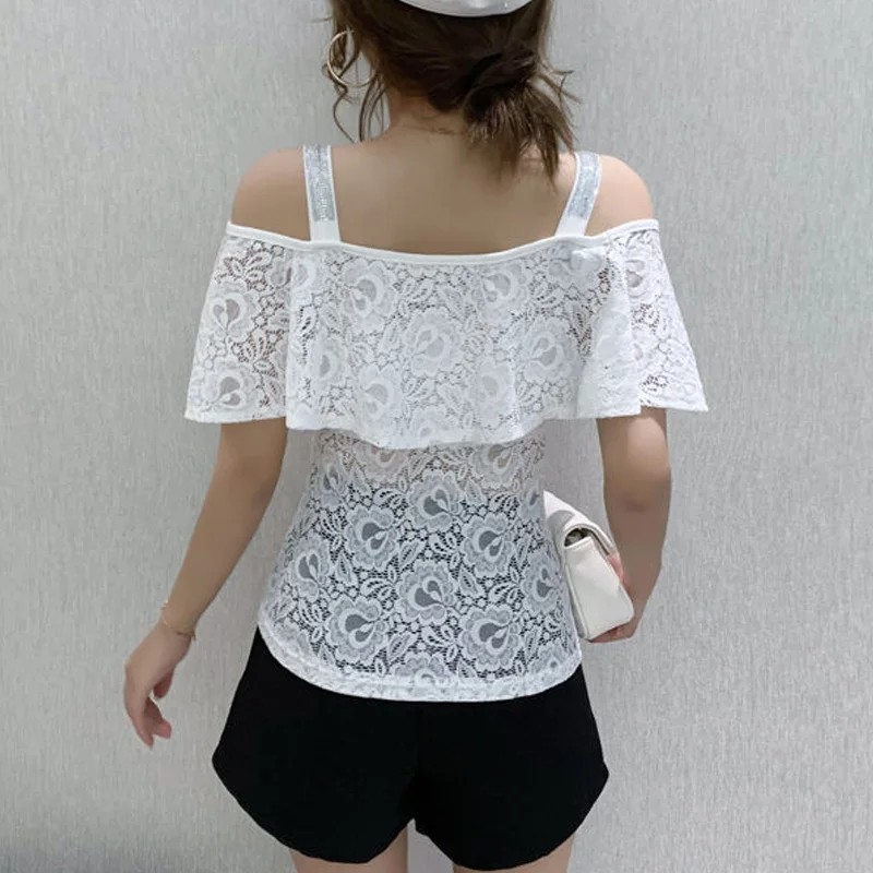 2023 Summer Fashion Diamond Embellishment Suspender Off Shoulder Lace Cut Out Jacquard Ruffle Edge Slim Fitting Women's Shirt