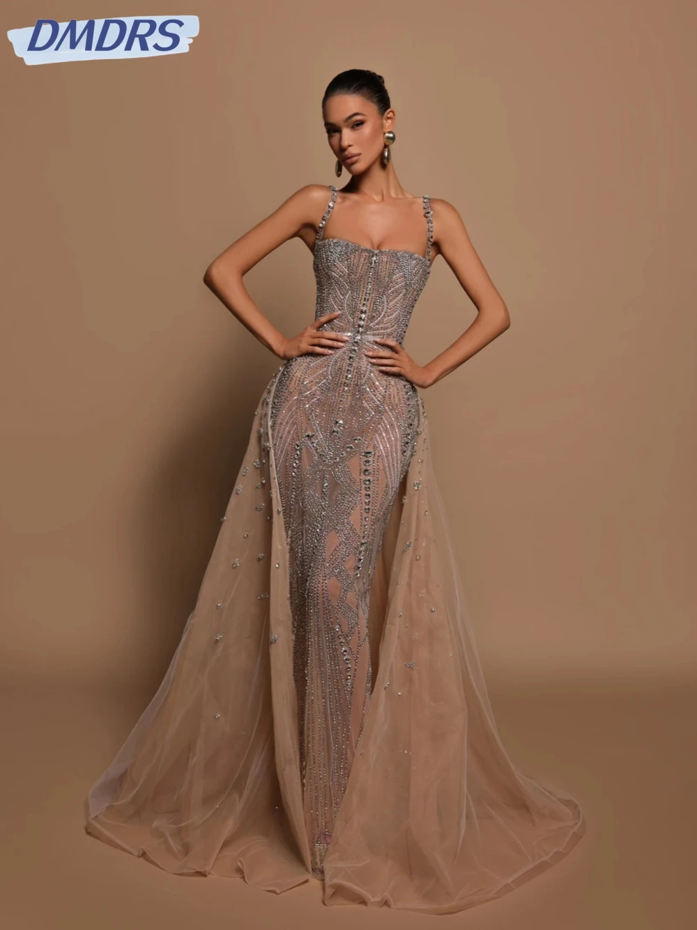 

New Detachable Train Beaded Crystal Evening Dress Luxury Spaghetti Straps Wedding Party Gown Customized Strapless Prom Dresses