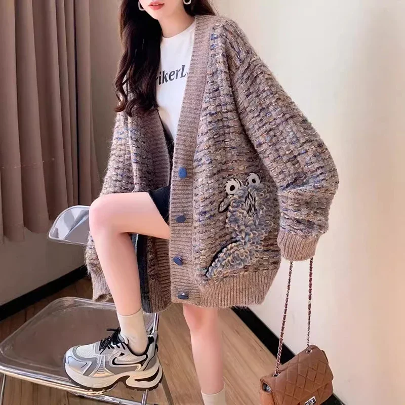 

Осень-зима, винтажный полосатый вязаный кардиган для женщин, утолщенный джинсовый свитер, куртка в ленивом стиле, свободный оверсайз