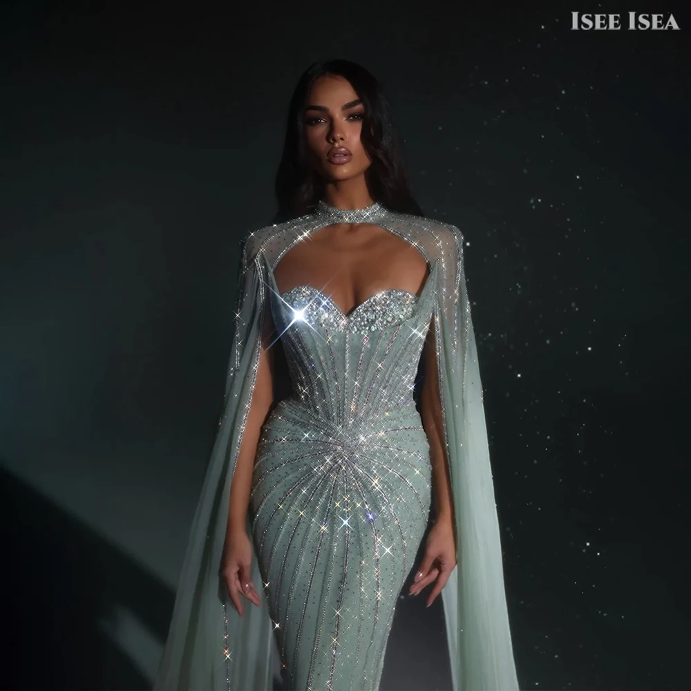 비즈 이브닝 드레스 여성 케이프 슬리브 두바이 فساتين سهرة 크리스탈 Bodycon 미인 대회 드레스 파티 가운 맞춤형