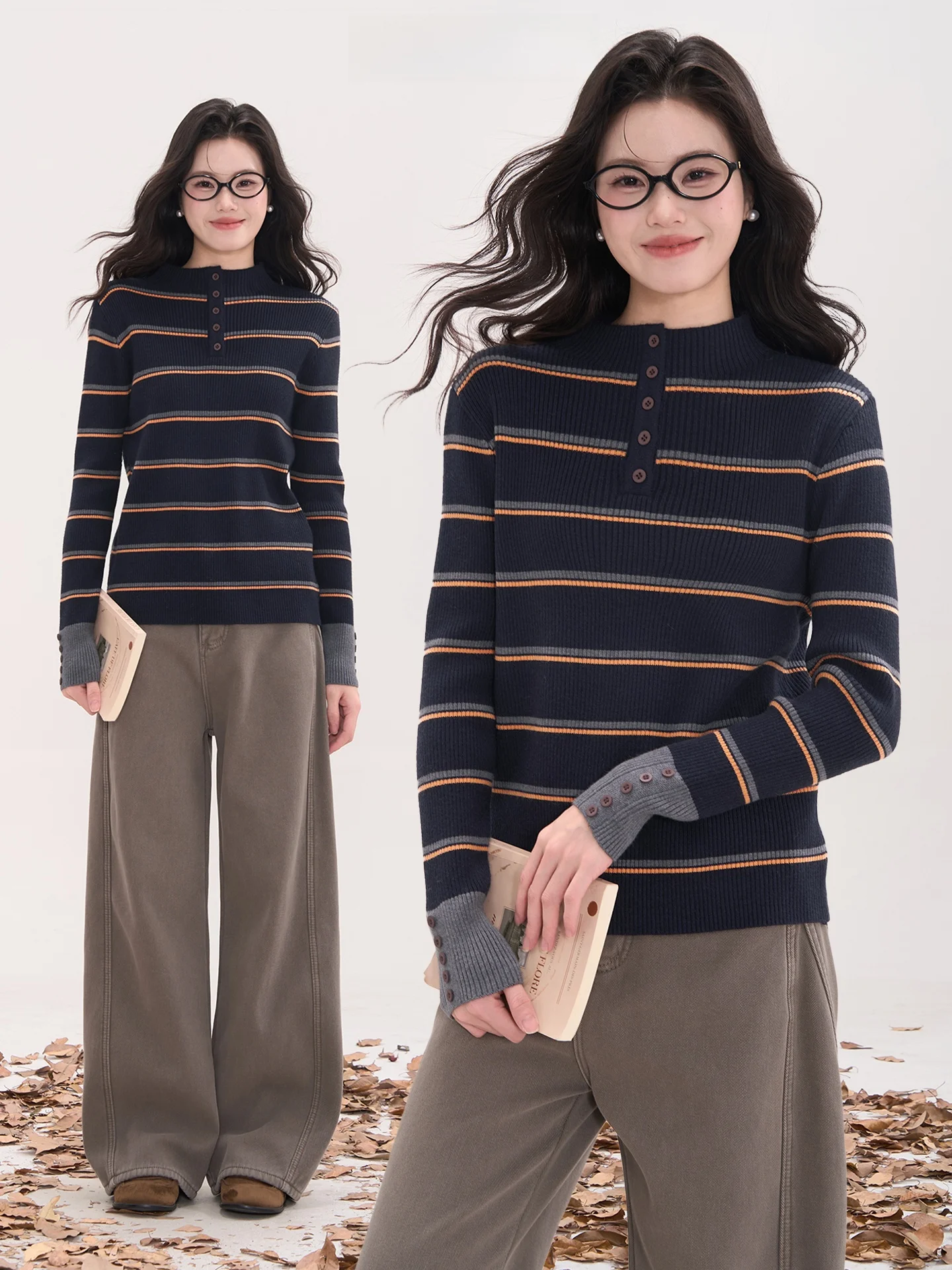 

Женский вязаный свитер Heme в полоску с высоким воротником, на пуговицах, базовый слой, повседневный, с длинными рукавами, стандартный крой, трикотаж