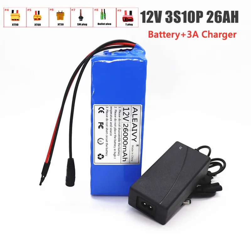 18650 Portable Li-ion Battery 12V 3S10P 26AH Rechargeable Battery Pack DC 12V 26000mAh with BMS Battery Pack+3A Charger