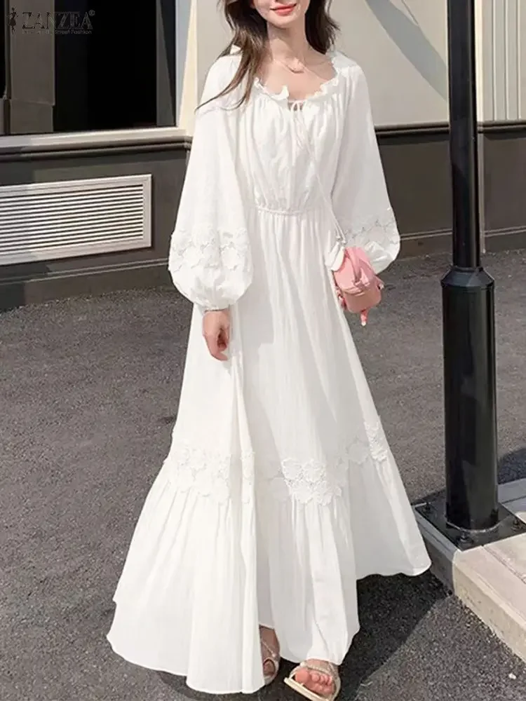 ZANZEA Moda Donna Maxi Abiti 2025 Autunno Party Robe Manica lunga a lanterna Solido pizzo increspato Camicia lunga Abiti da vacanza