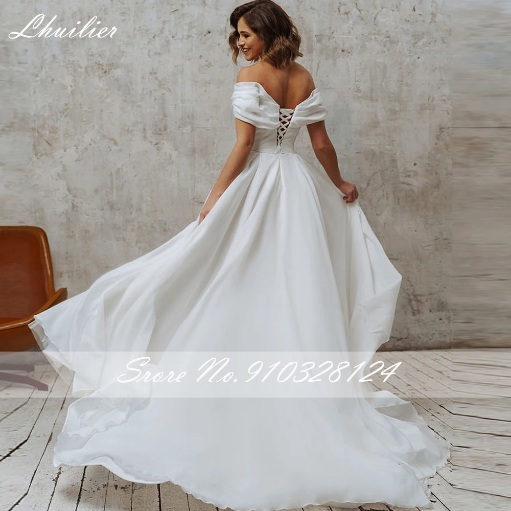 Lhuillier Customized Sexy A Line Off the Shoulder Tulle Wedding Dresses Floor Length Beaded Bridal Dress with High Slit