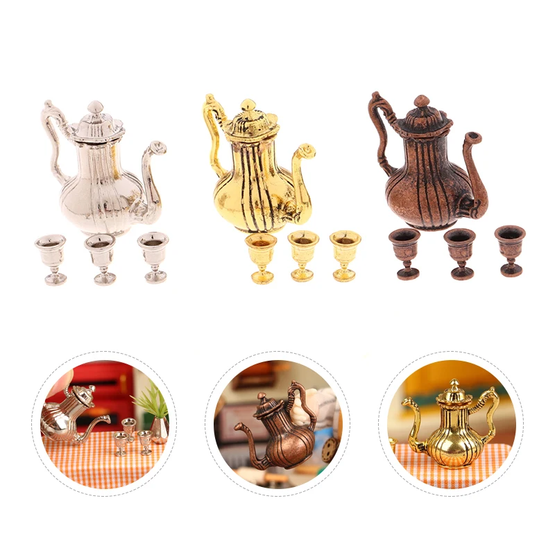 Doll House Miniature Metal Tea Cup Set Doll House Pretend Play Furniture Miniature Dining Ware Toy Teapot Cup Set Wine Jug