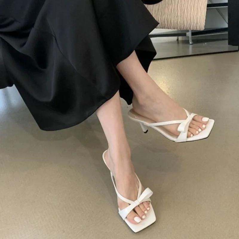 Women\'s Slippers Summer New High Heels Square Head Open Toe Thin with Sandals Casual Fashion Temperament Slim Heels Slippers