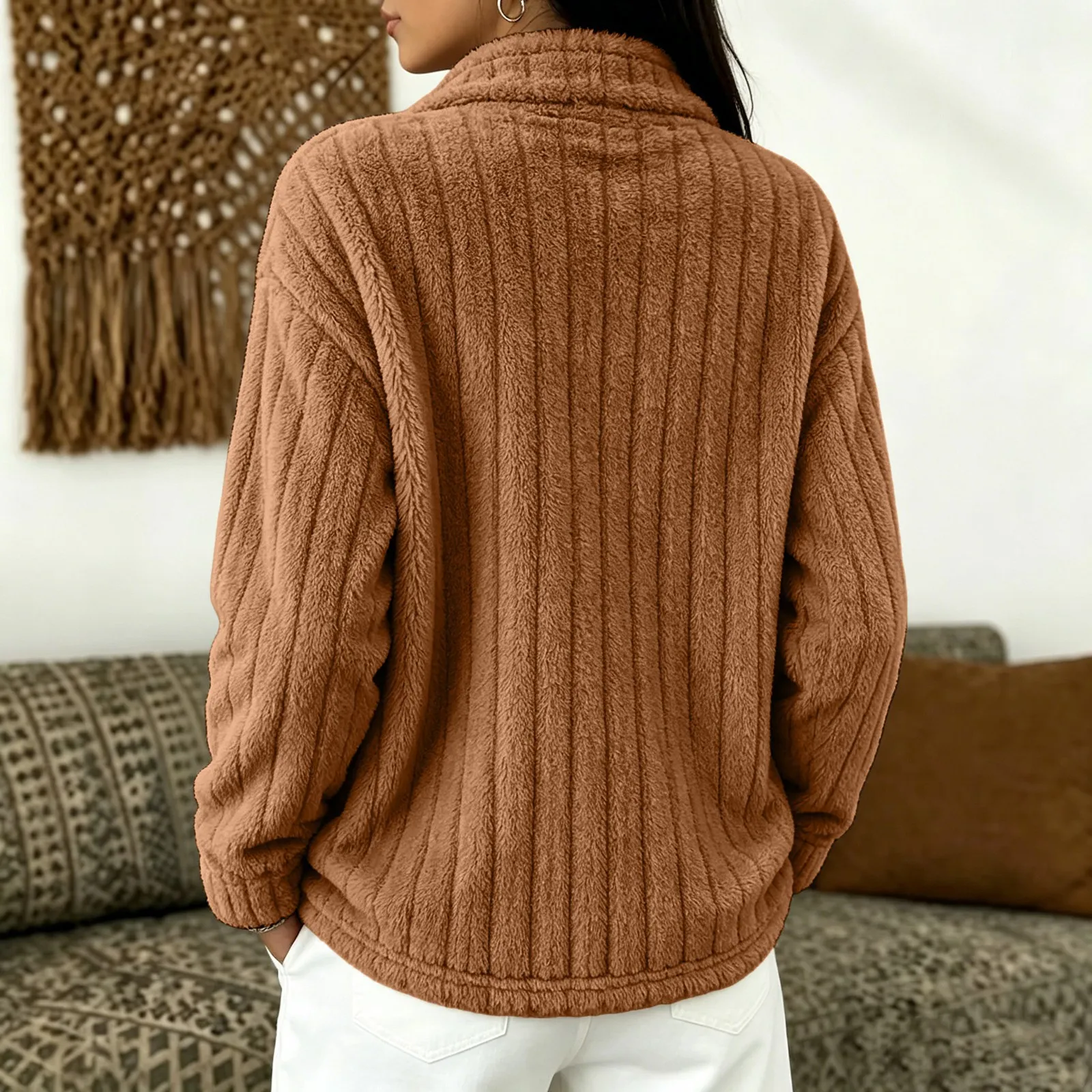 Women's Autumn Winter Turn Collar Ribbed Fleece-lined Warm Zip-up Long-sleeved Sweatshirt