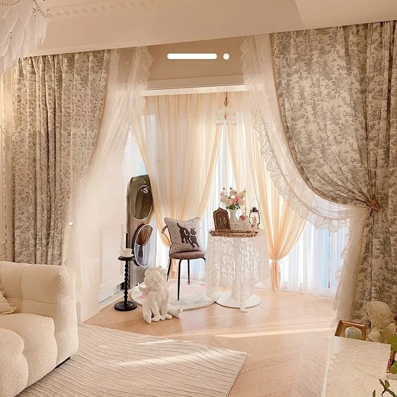 

Blackout Luxury Custom Size French Style Printing Court Half Blackout Curtain A Living Room Bedroom Lace Pearl Classical Style