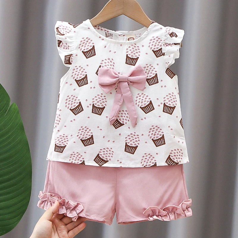 Summer Cool Girls Clothes Set Popcorn Print Ruffle Sleeve Baby Sport Outfit Bow T-Shirts Pant 2PCS Children Tracksuit Kids A488