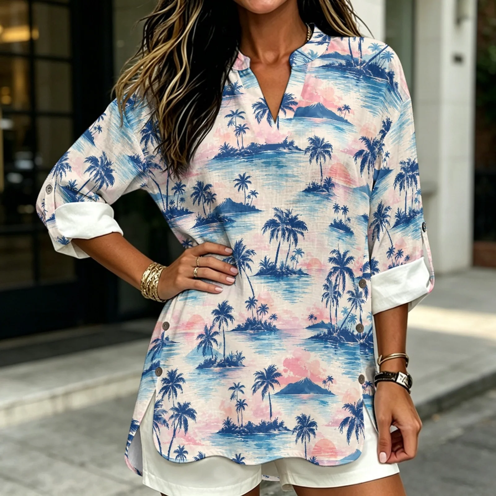 PENSTROLL Palm Island Print Linen Like Long Sleeve Tops Trendy Causal Shirt for Women Sizes S-5XL