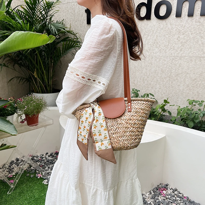 Ribbon Design Small Straw Crossbody Bags For Women 2024 Fashion Summer Shoulder Bags Lady Travel Handbags Female Weave Beach Bag