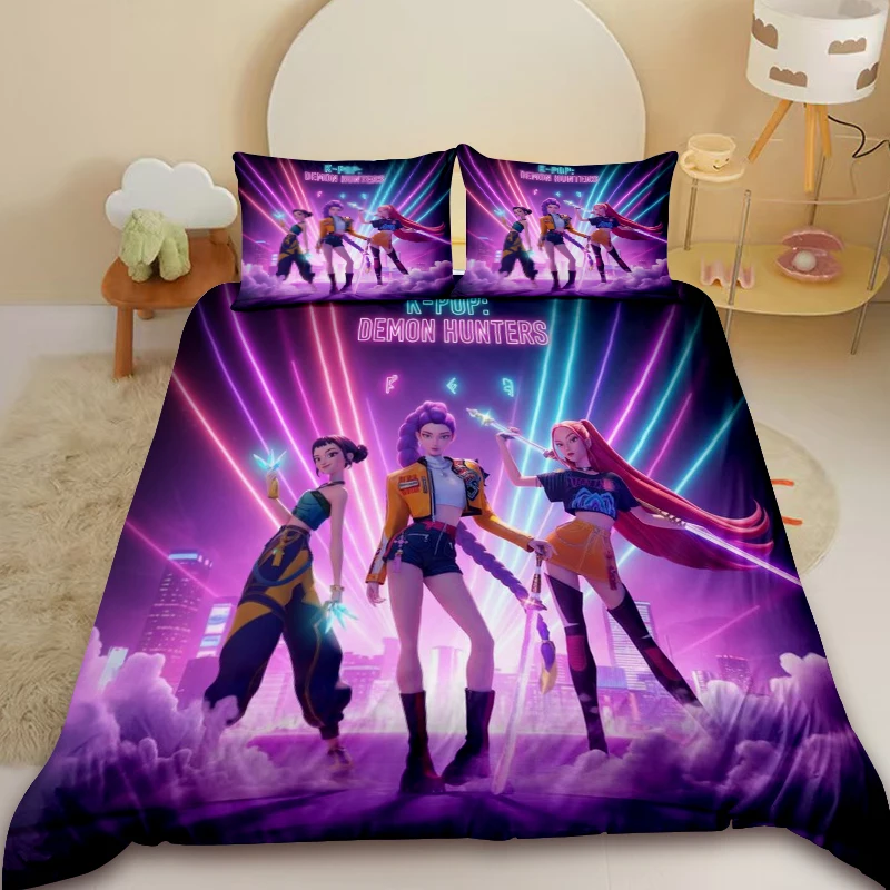 

Girls 3pcs Duvet Cover Set K-Pop D-Demon H-Hunters Bedding Set with 2 Pillowcase Full Single Bedroom Decor Gifts