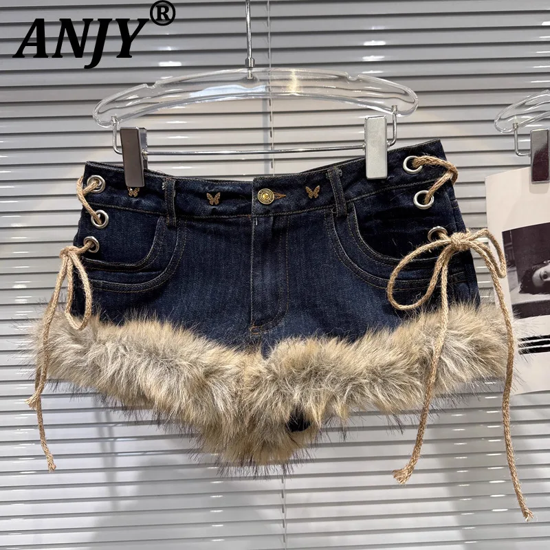 ANJY 2025 Otoño Invierno nueva moda mujer ropa de calle chica caliente deshilachado con cordones ajustado Sexy pantalones cortos de mezclilla tendencia Chic Ins Casual A16542