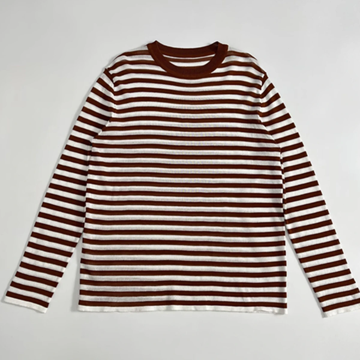 

Jenny&Dave French Minimalist White Brown Striped Knitted T-shirt Summer Round Neck Comfortable Cotton Long Sleeved T-shirt Women