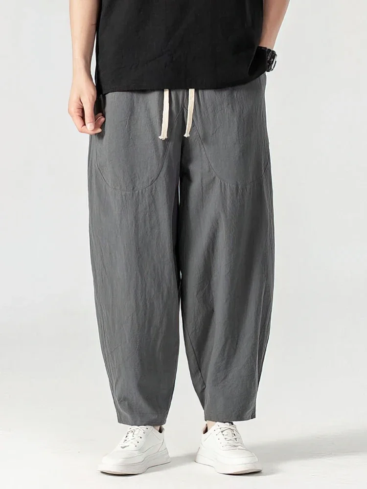 

Casual Linen Jogger Pants Men Baggy Casual Trousers Male Walking Wide leg Loose Cotton Sweatpants Chinese Summer