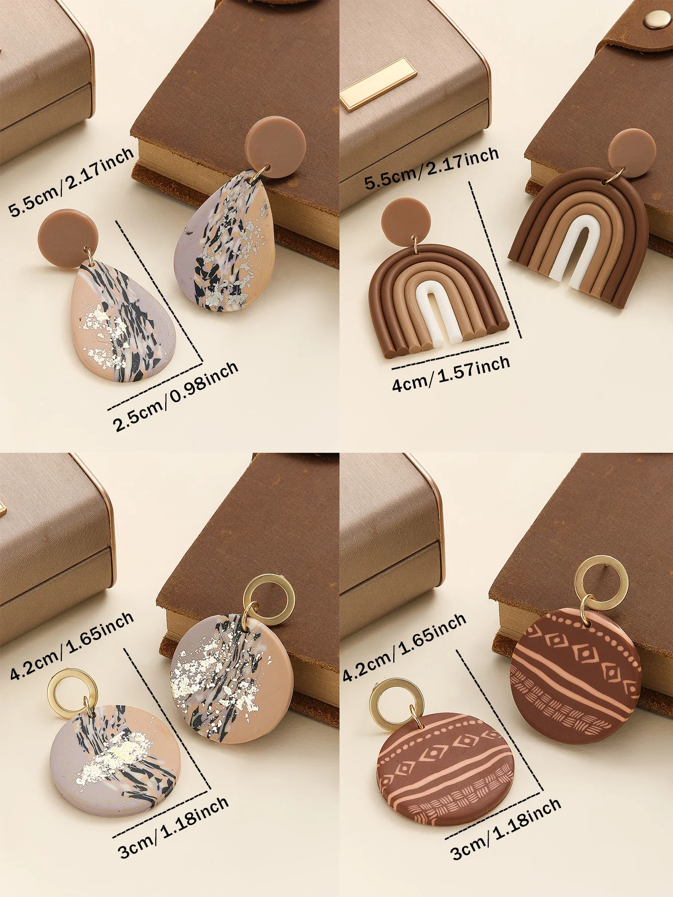 Retro Polymer Clay Earrings with Caramel Rainbow Gold Foil Geometric Marble Strip Pattern Round Drop Dangle Daily Accessory